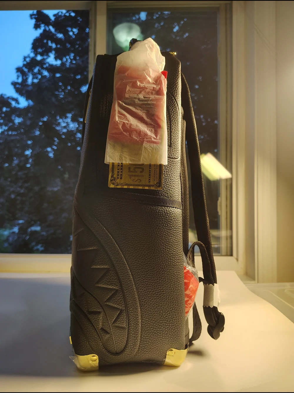 Sprayground Black Shark-Embossed Faux Leather Backpack with Gold Accents